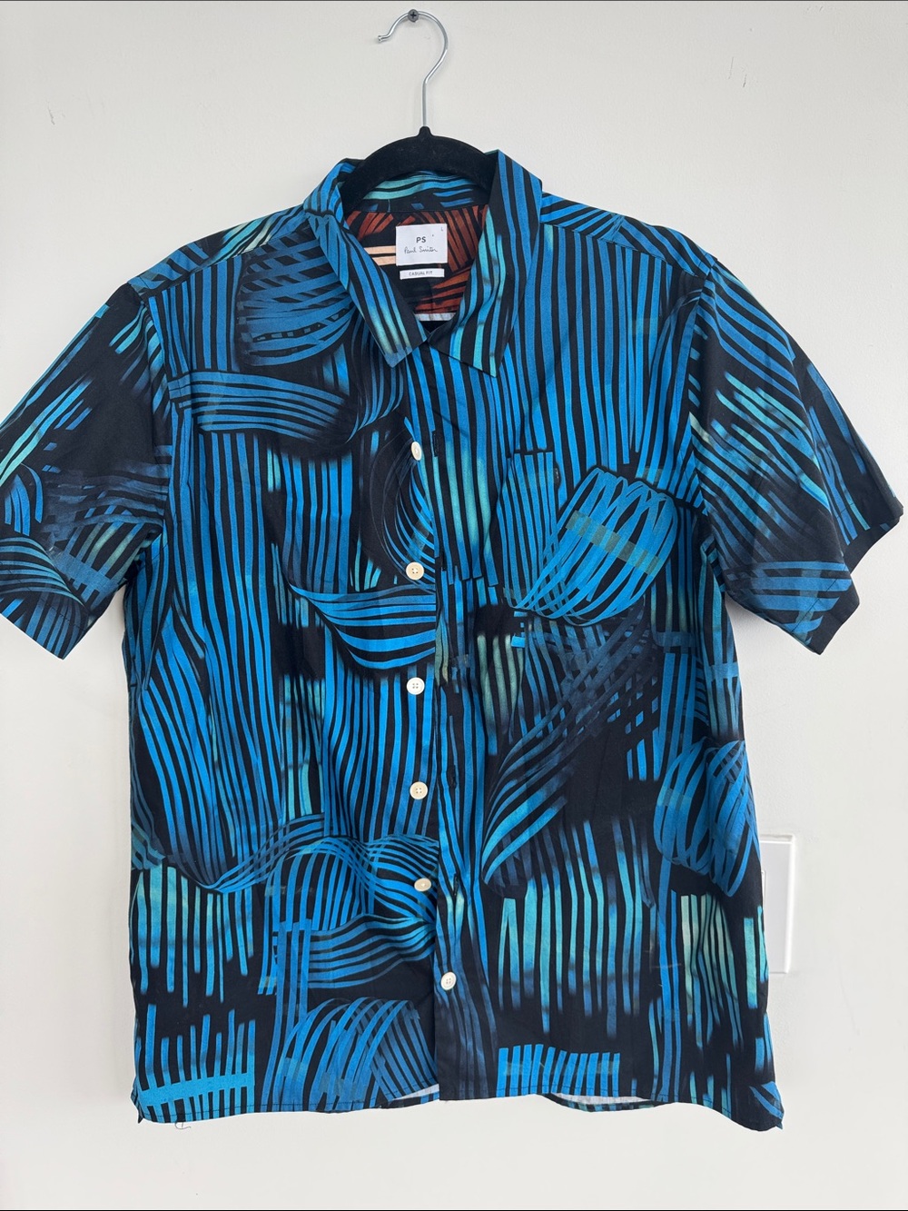 PS Paul Smith Black and Blue Abstract-Stripe Short-Sleeve Shirt